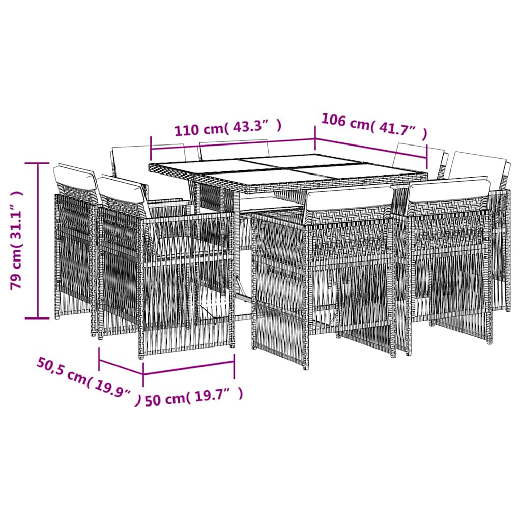 Set Pranzo da Giardino 9pz con Cuscini Grigio Chiaro Polyrattan | homemem39