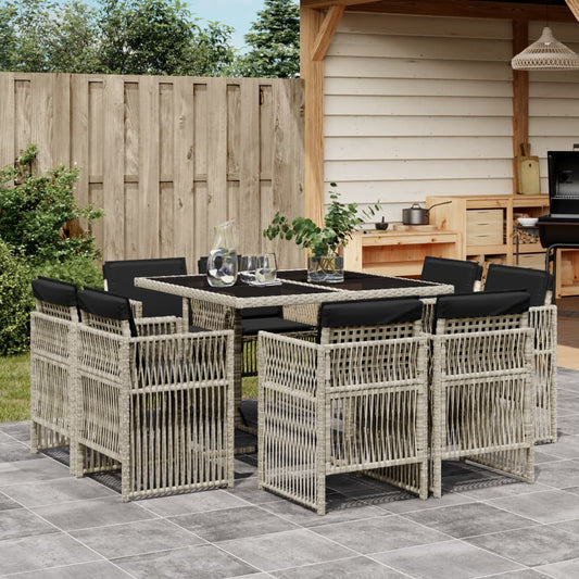 Set Pranzo da Giardino 9pz con Cuscini Grigio Chiaro Polyrattan - homemem39