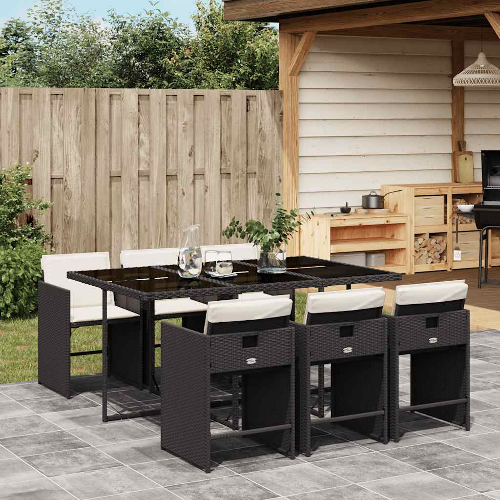 Set da Pranzo da Giardino 7 pz Nero con Cuscini in Polyrattan | homemem39