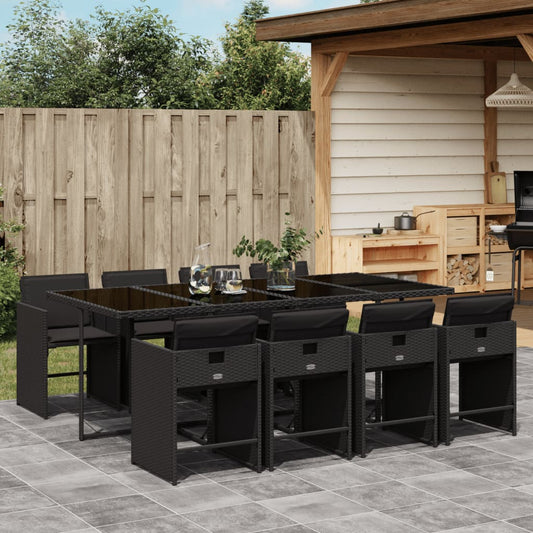 Set da Pranzo da Giardino 9 pz con Cuscini Nero in Polyrattan - homemem39