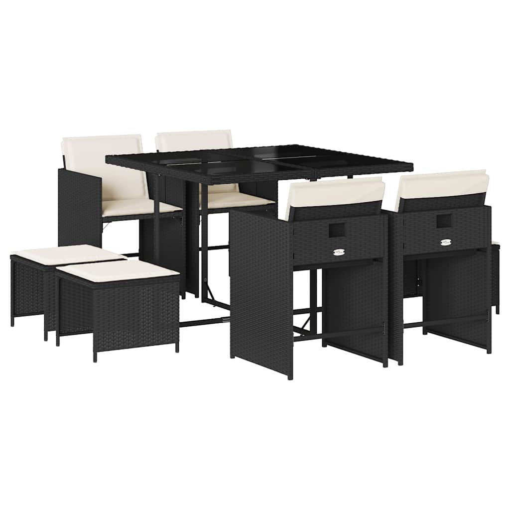 Set da Pranzo da Giardino 9 pz con Cuscini Nero in Polyrattan | homemem39