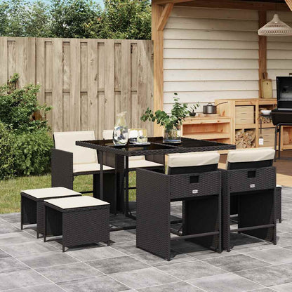 Set da Pranzo da Giardino 9 pz con Cuscini Nero in Polyrattan | homemem39