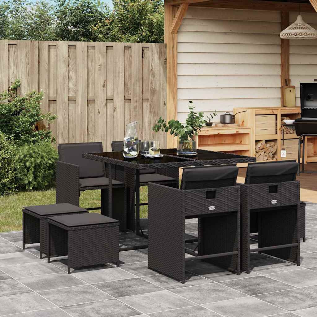 Set da Pranzo da Giardino 9 pz con Cuscini Nero in Polyrattan | homemem39