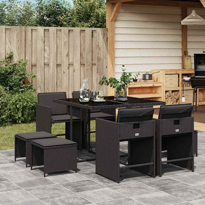 Set da Pranzo da Giardino 9 pz con Cuscini Nero in Polyrattan | homemem39