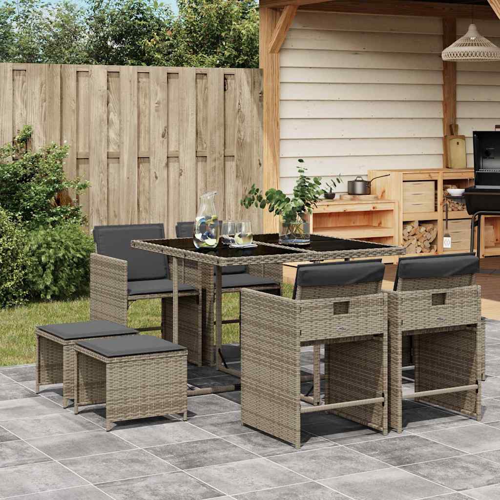 Set da Pranzo da Giardino 9 pz con Cuscini in Polyrattan Grigio | homemem39