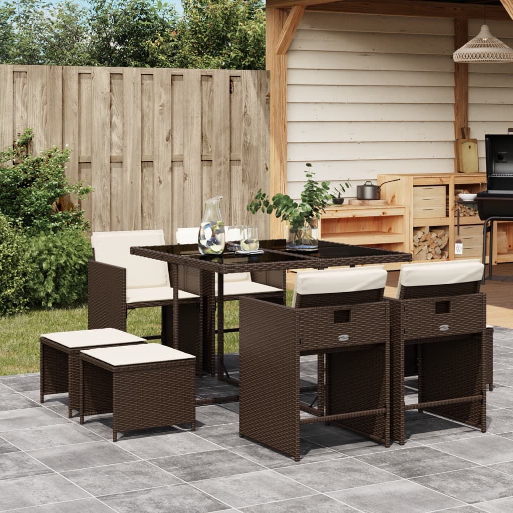 Set da Pranzo da Giardino 9pz con Cuscini Marrone in Polyrattan - homemem39