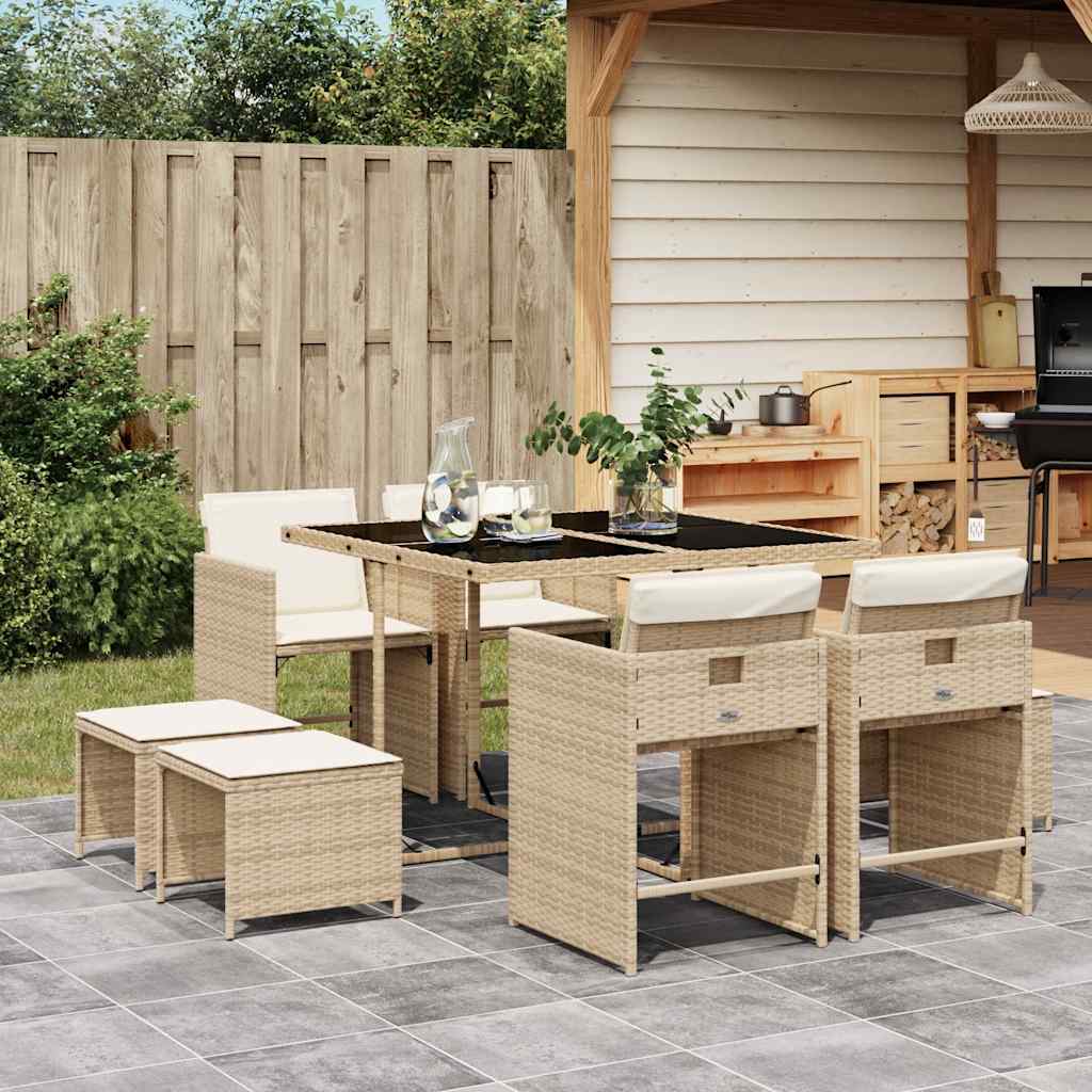 Set da Pranzo da Giardino 9 pz con Cuscini Beige in Polyrattan | homemem39