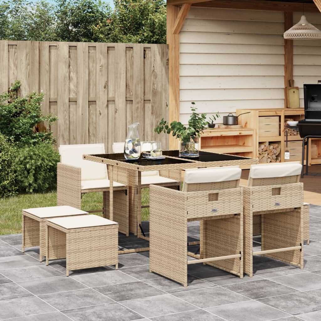 Set da Pranzo da Giardino 9 pz con Cuscini Beige in Polyrattan - homemem39