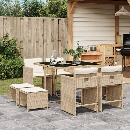 Set da Pranzo da Giardino 9 pz con Cuscini Beige in Polyrattan - homemem39