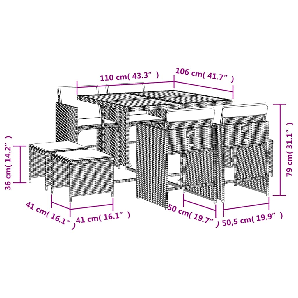 Set da Pranzo da Giardino 9 pz con Cuscini in Polyrattan Grigio | homemem39