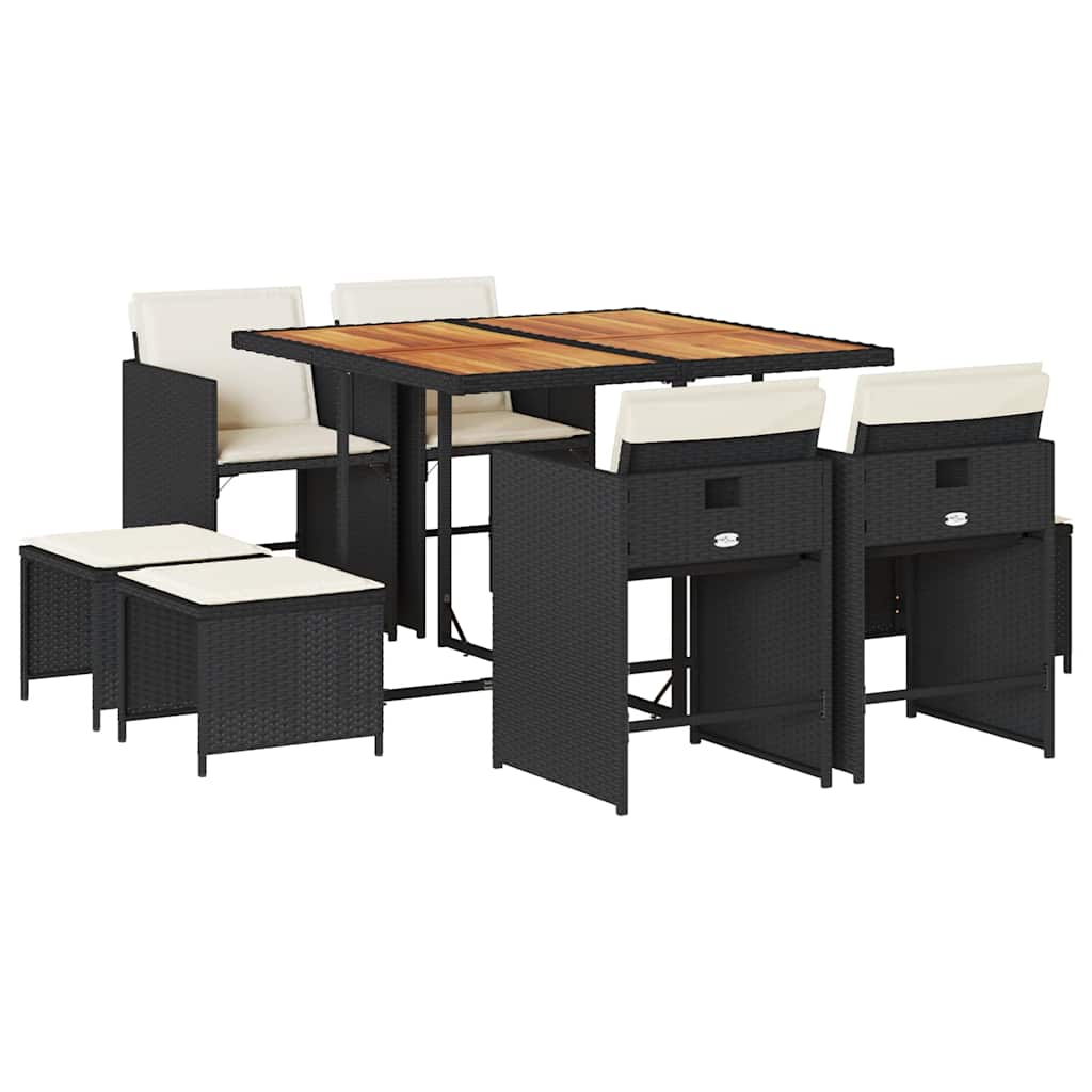 Set da Pranzo da Giardino 9 pz con Cuscini Nero in Polyrattan | homemem39