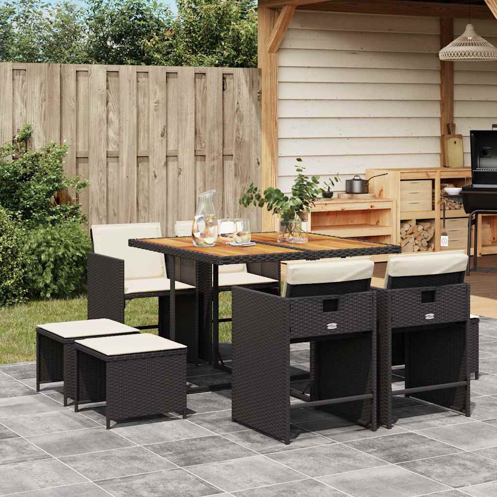 Set da Pranzo da Giardino 9 pz con Cuscini Nero in Polyrattan | homemem39