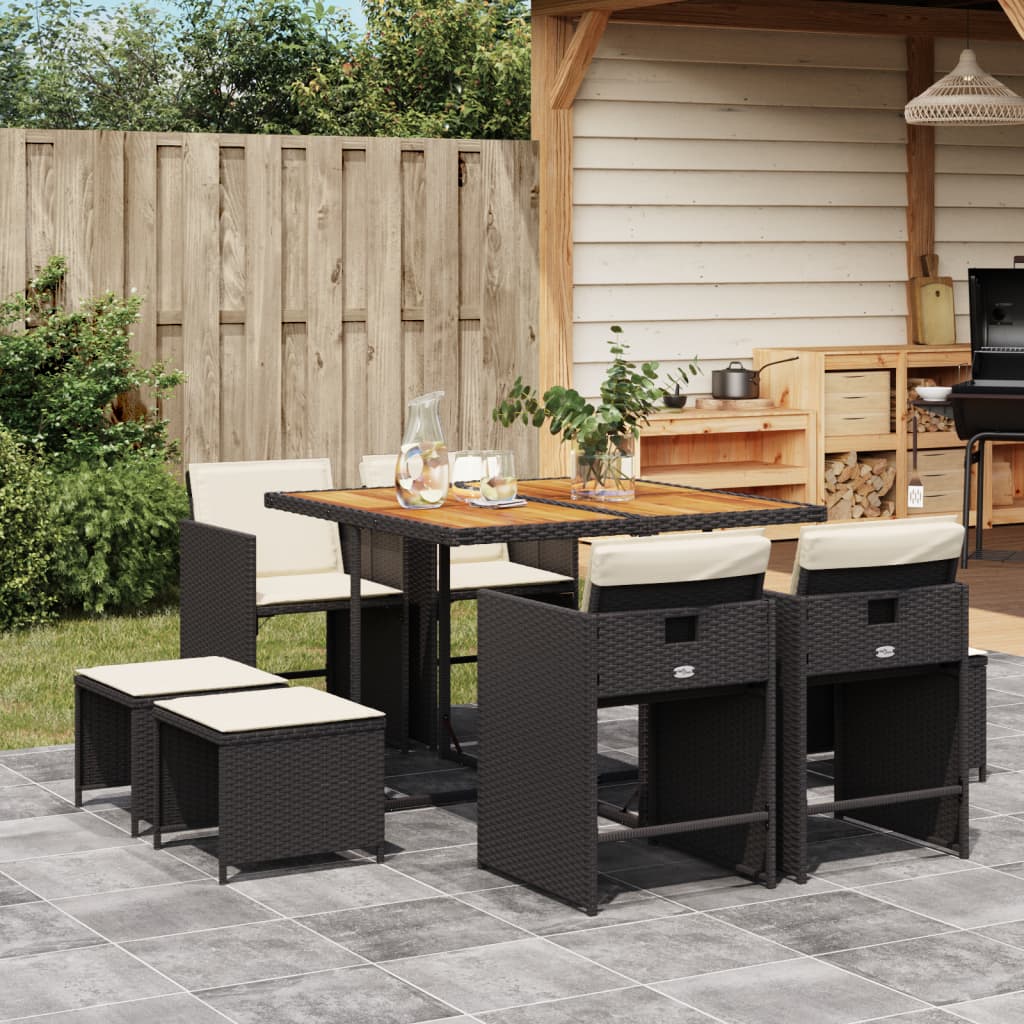 Set da Pranzo da Giardino 9 pz con Cuscini Nero in Polyrattan - homemem39