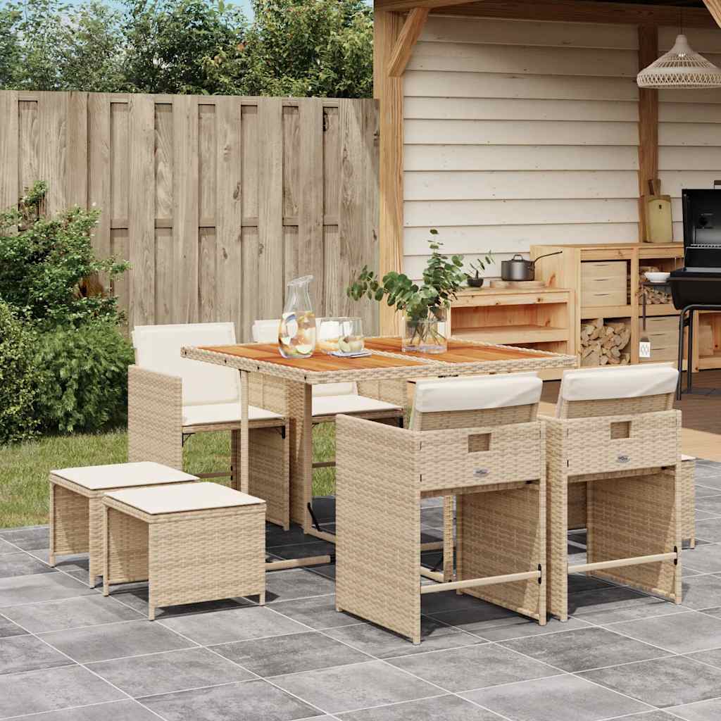 Set da Pranzo da Giardino 9 pz con Cuscini Beige in Polyrattan | homemem39