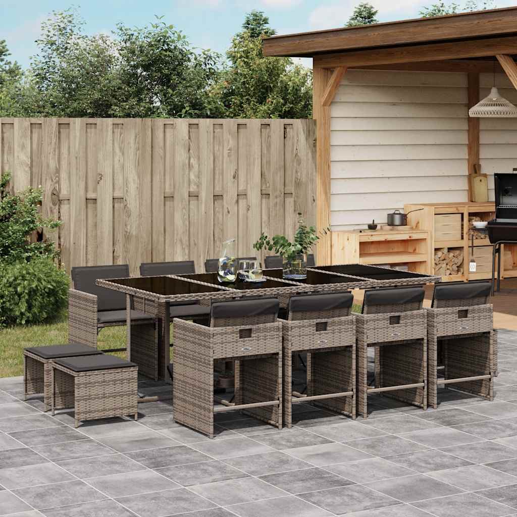 Set da Pranzo da Giardino 13pz con Cuscini Grigio in Polyrattan | homemem39