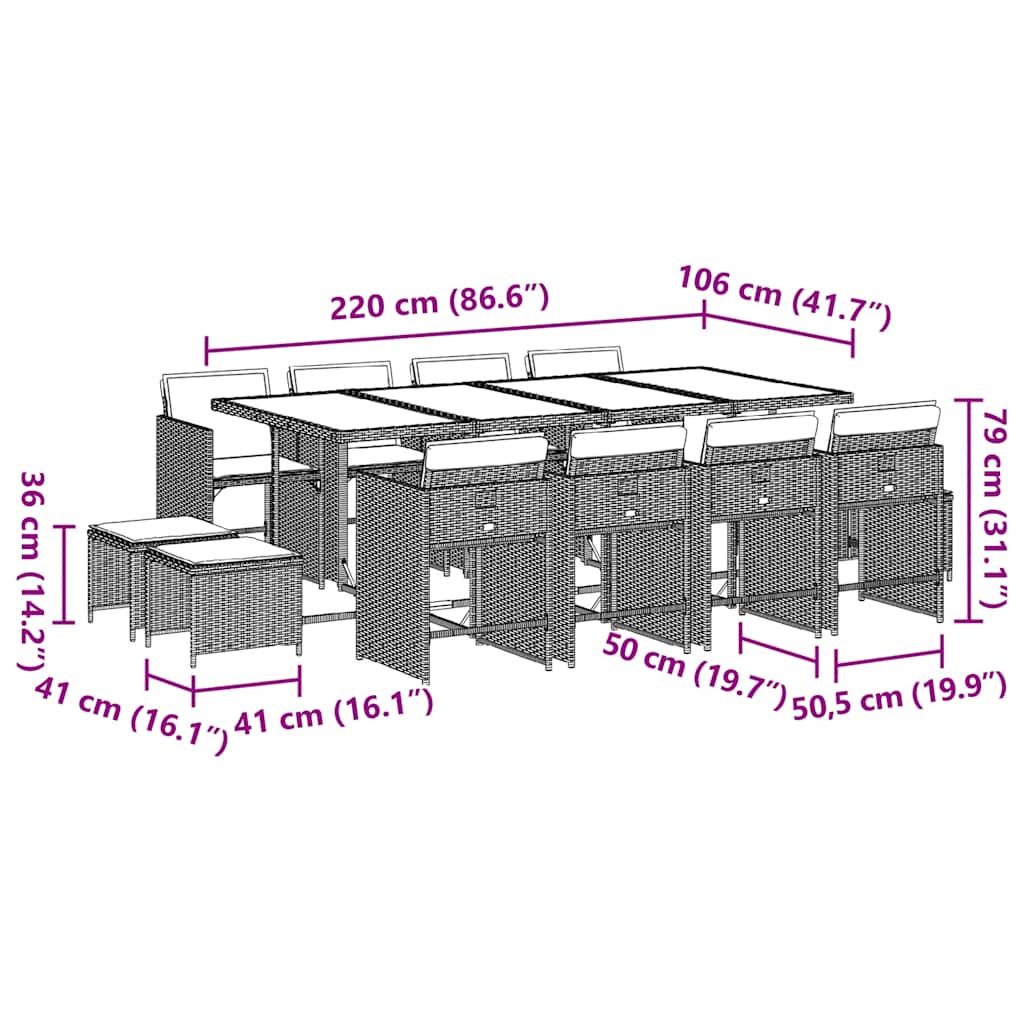 Set da Pranzo da Giardino 13pz con Cuscini Grigio in Polyrattan - homemem39