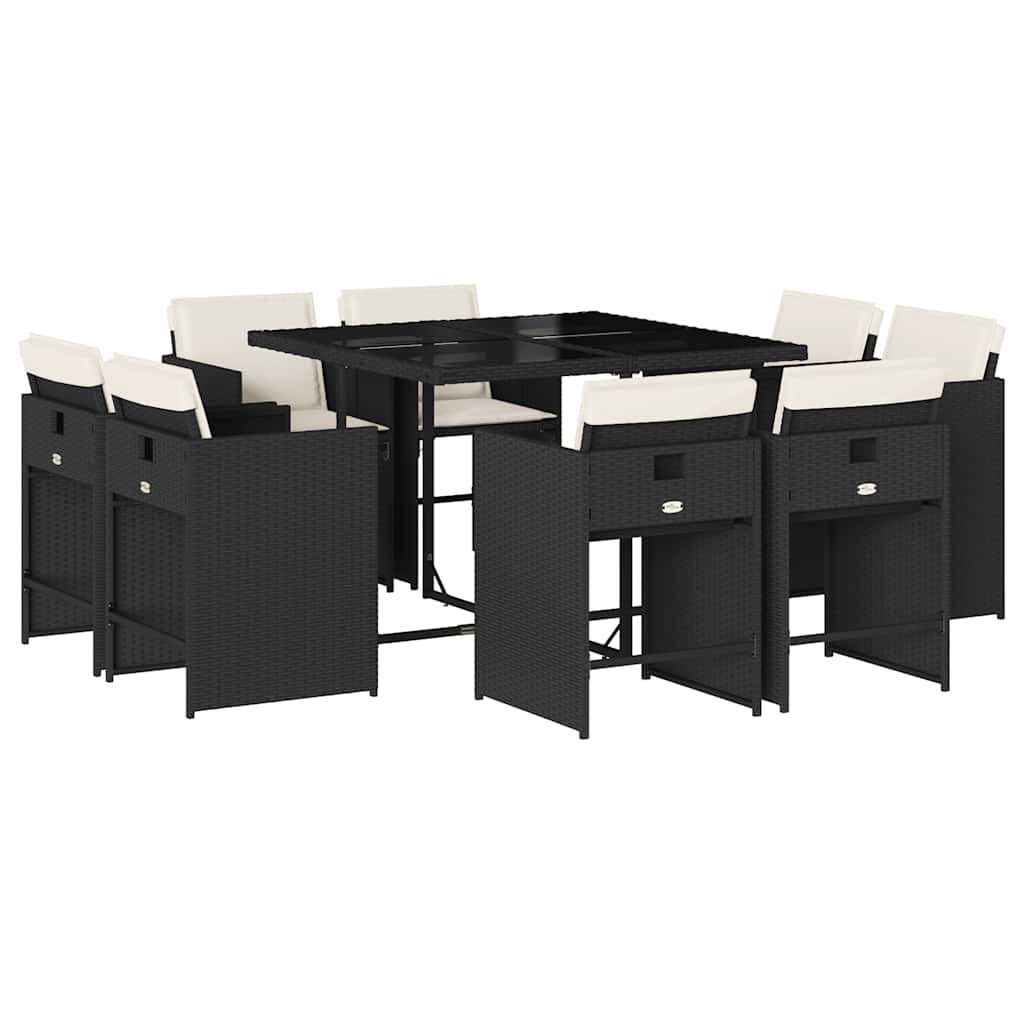 Set da Pranzo da Giardino 9 pz con Cuscini Nero in Polyrattan | homemem39