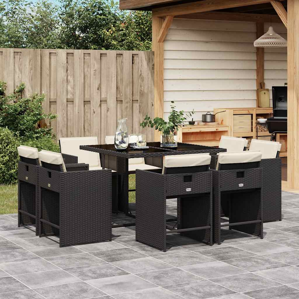 Set da Pranzo da Giardino 9 pz con Cuscini Nero in Polyrattan | homemem39