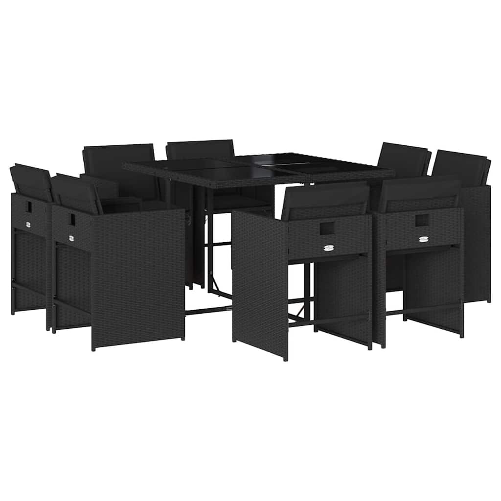 Set da Pranzo da Giardino 9 pz con Cuscini Nero in Polyrattan | homemem39