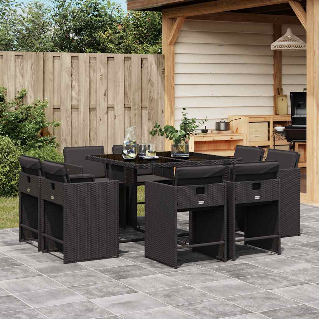 Set da Pranzo da Giardino 9 pz con Cuscini Nero in Polyrattan | homemem39