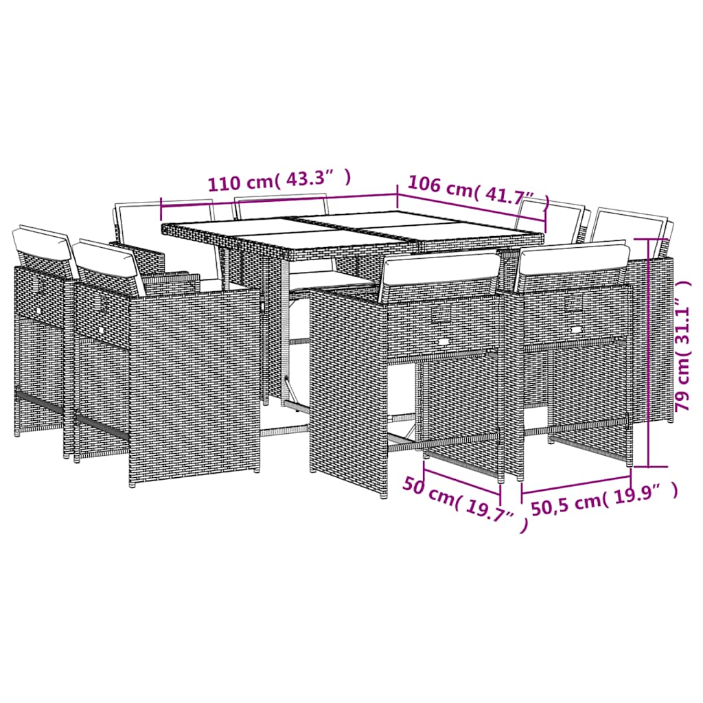 Set da Pranzo da Giardino 9pz con Cuscini Marrone in Polyrattan | homemem39