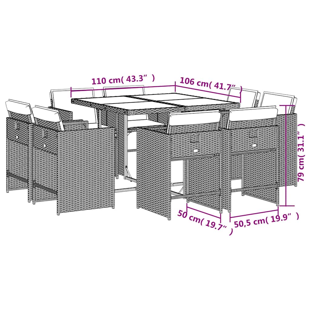 Set da Pranzo da Giardino 9 pz con Cuscini Beige in Polyrattan | homemem39