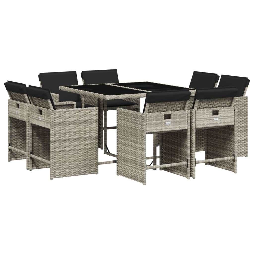 Set Pranzo da Giardino 9pz con Cuscini Grigio Chiaro Polyrattan - homemem39