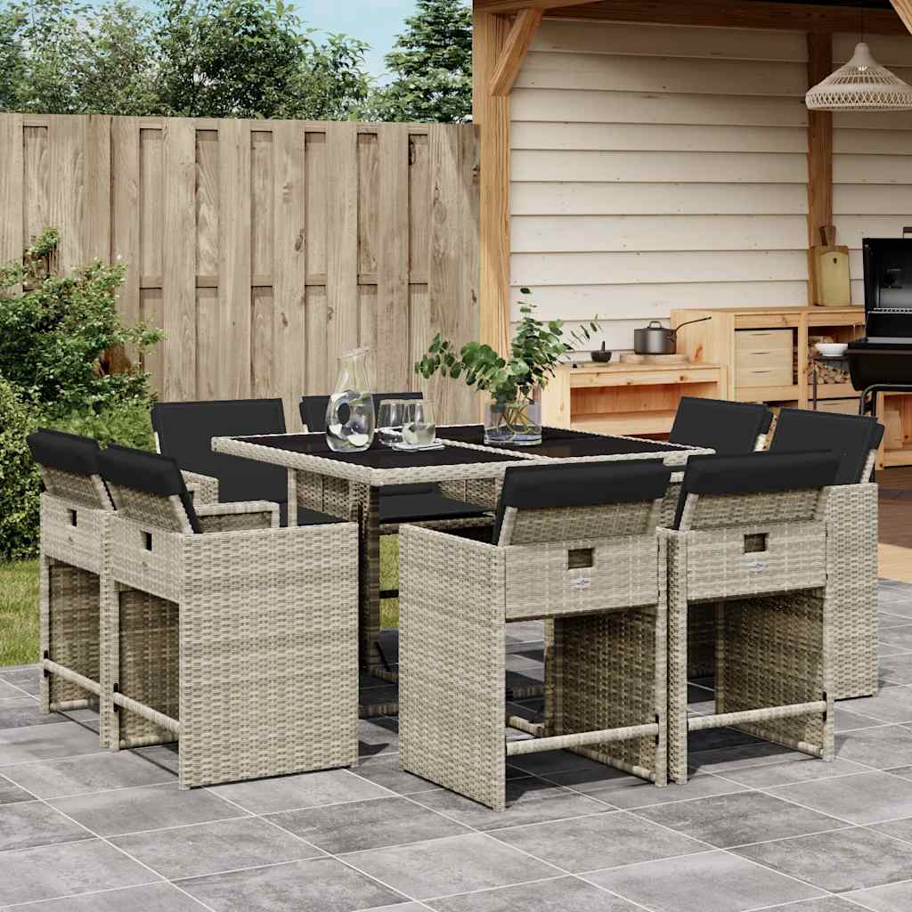 Set Pranzo da Giardino 9pz con Cuscini Grigio Chiaro Polyrattan | homemem39