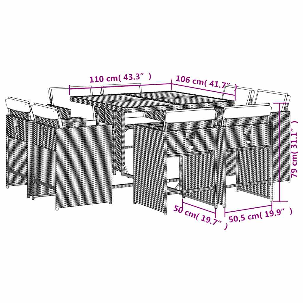 Set da Pranzo da Giardino 9 pz con Cuscini Beige in Polyrattan | homemem39