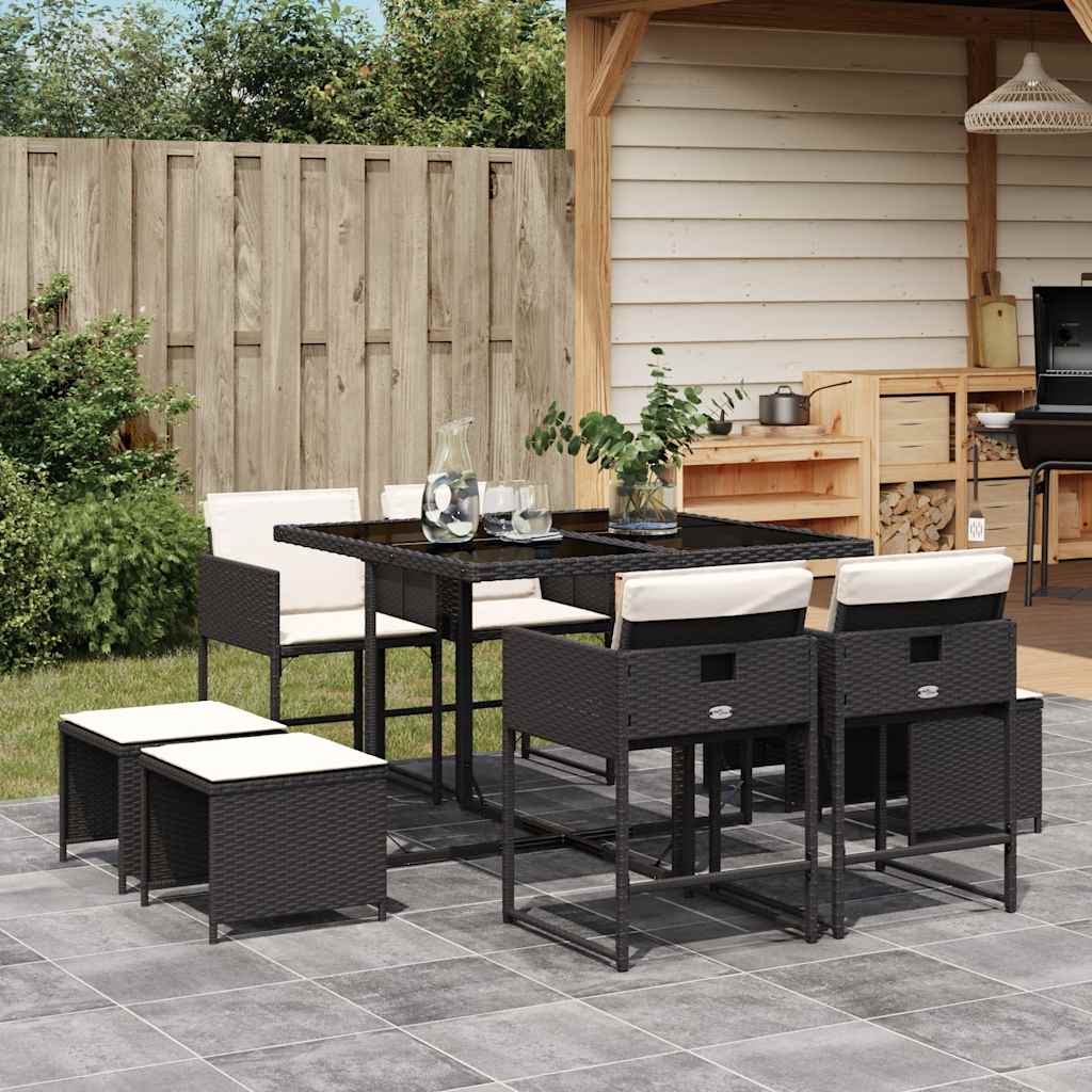 Set da Pranzo da Giardino 9 pz con Cuscini Nero in Polyrattan | homemem39
