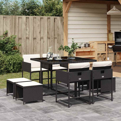 Set da Pranzo da Giardino 9 pz con Cuscini Nero in Polyrattan | homemem39