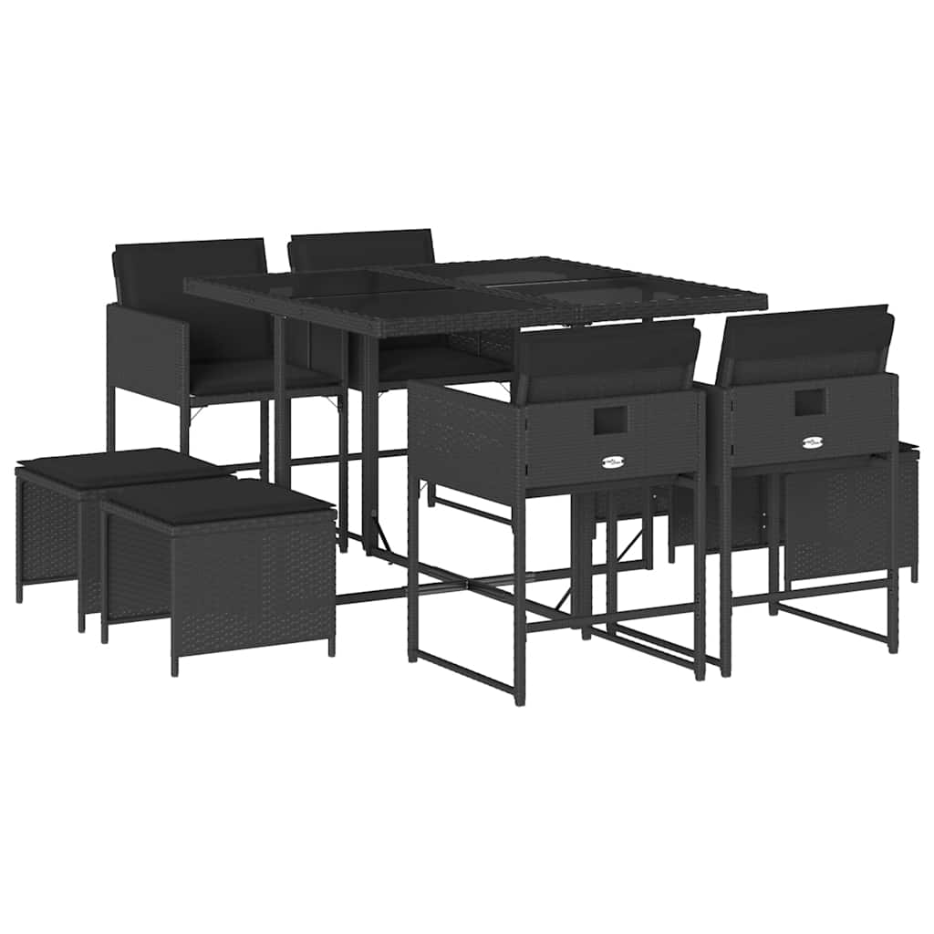 Set da Pranzo da Giardino 9 pz con Cuscini Nero in Polyrattan | homemem39