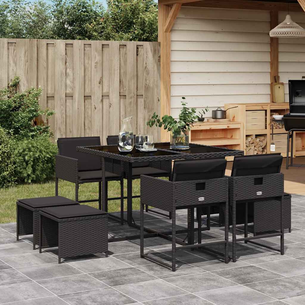Set da Pranzo da Giardino 9 pz con Cuscini Nero in Polyrattan | homemem39