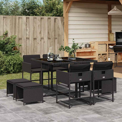 Set da Pranzo da Giardino 9 pz con Cuscini Nero in Polyrattan | homemem39