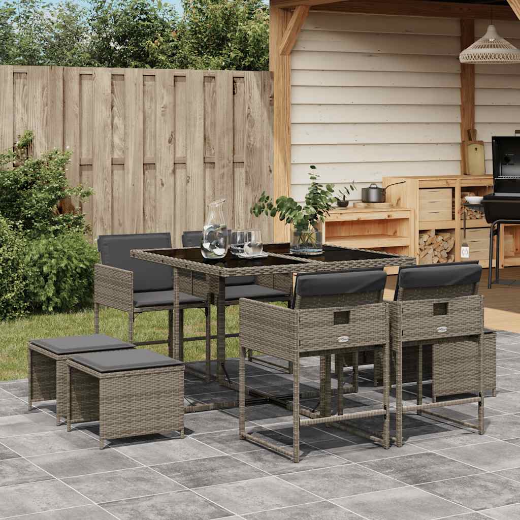 Set da Pranzo da Giardino 9 pz con Cuscini in Polyrattan Grigio - homemem39