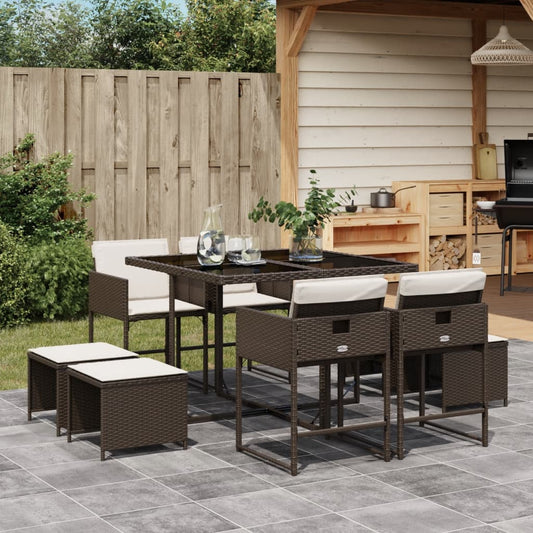 Set da Pranzo da Giardino 9pz con Cuscini Marrone in Polyrattan - homemem39