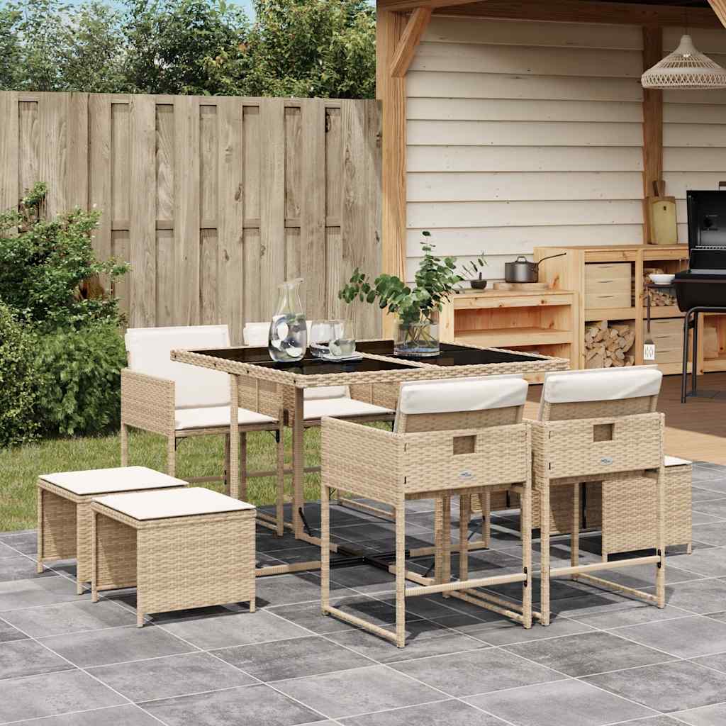 Set da Pranzo da Giardino 9 pz con Cuscini Beige in Polyrattan | homemem39