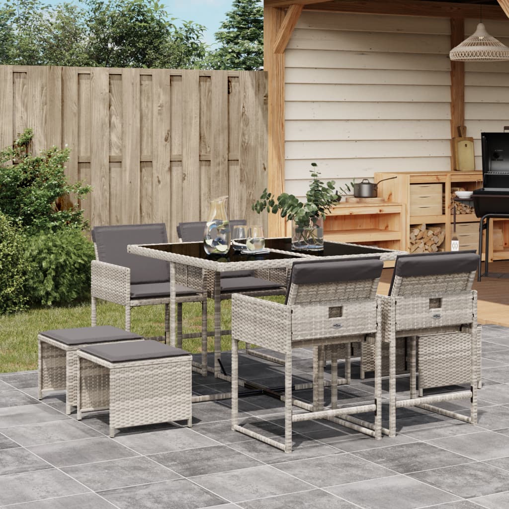 Set Pranzo da Giardino 9pz con Cuscini Grigio Chiaro Polyrattan - homemem39