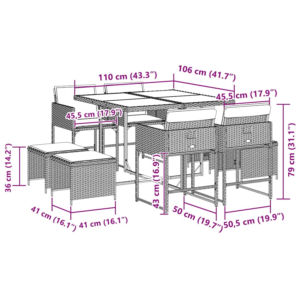Set da Pranzo da Giardino 9 pz con Cuscini in Polyrattan Grigio | homemem39