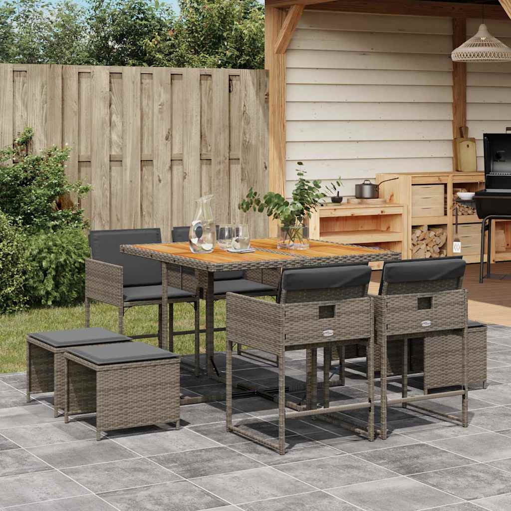 Set da Pranzo da Giardino 9 pz con Cuscini in Polyrattan Grigio | homemem39