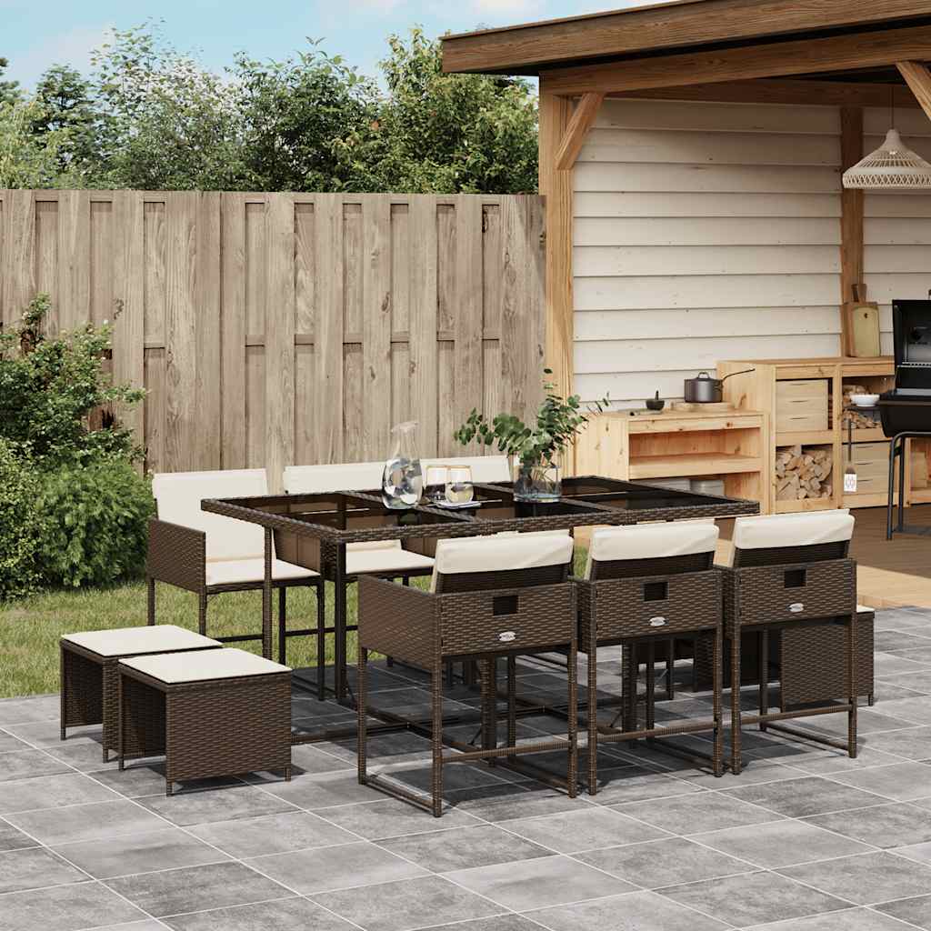 Set da Pranzo da Giardino 11 pz con Cuscini Polyrattan Marrone | homemem39