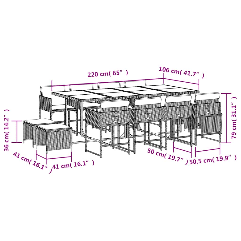 Set da Pranzo da Giardino 13 pz con Cuscini Beige in Polyrattan | homemem39