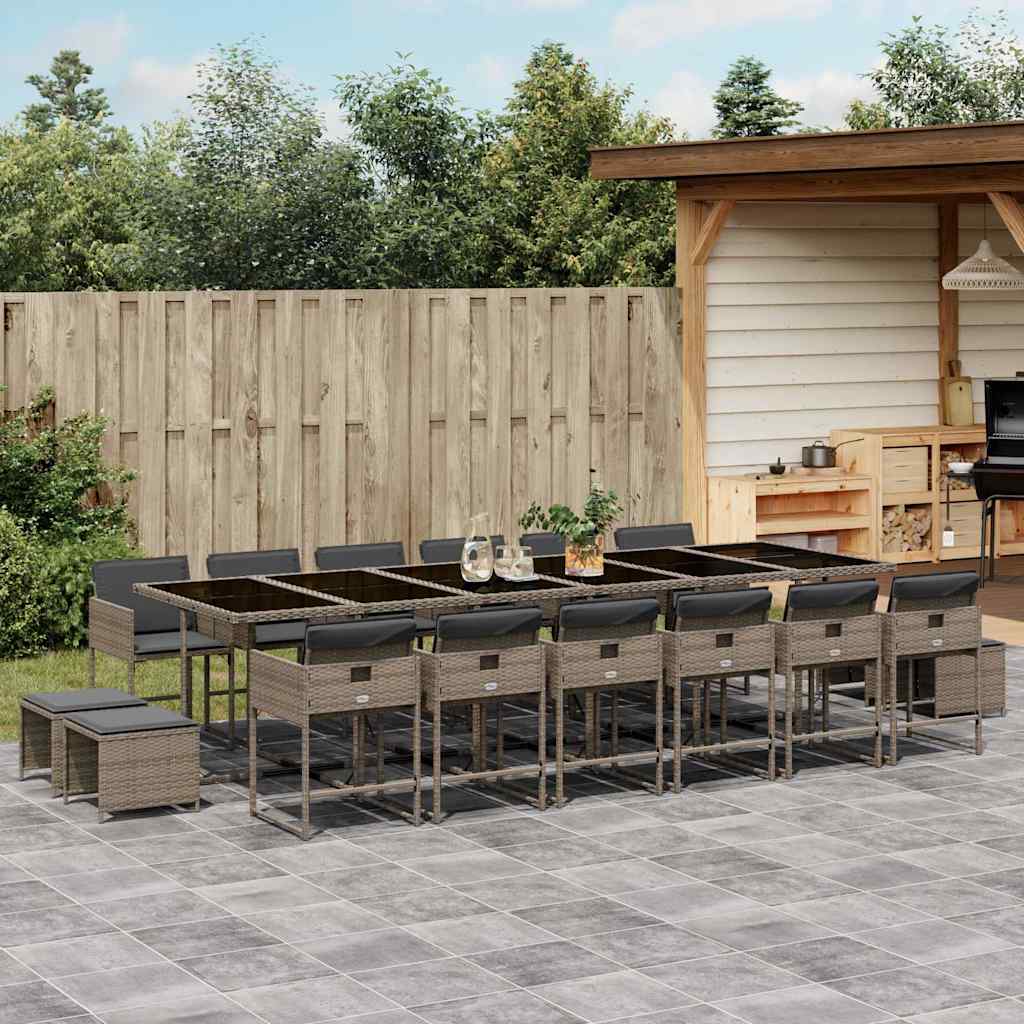 Set da Pranzo da Giardino 17pz con Cuscini Grigio in Polyrattan