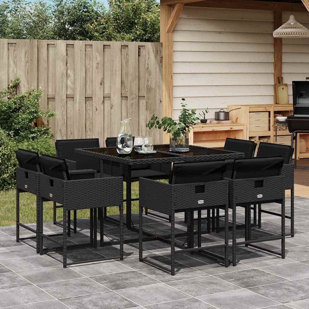 Set da Pranzo da Giardino 9 pz con Cuscini Nero in Polyrattan | homemem39