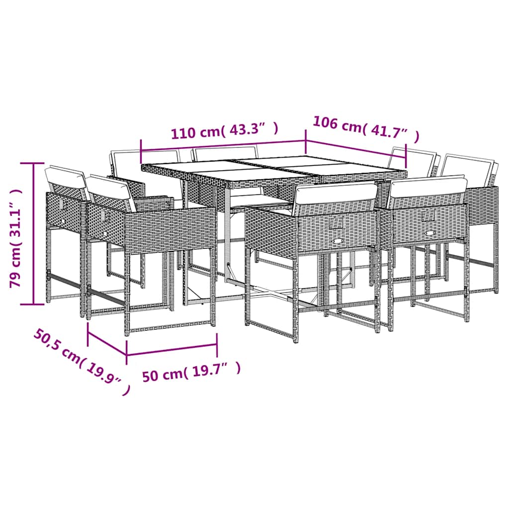 Set da Pranzo da Giardino 9 pz con Cuscini in Polyrattan Grigio | homemem39