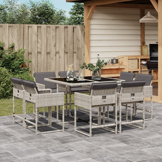 Set Pranzo da Giardino 9pz con Cuscini Grigio Chiaro Polyrattan - homemem39