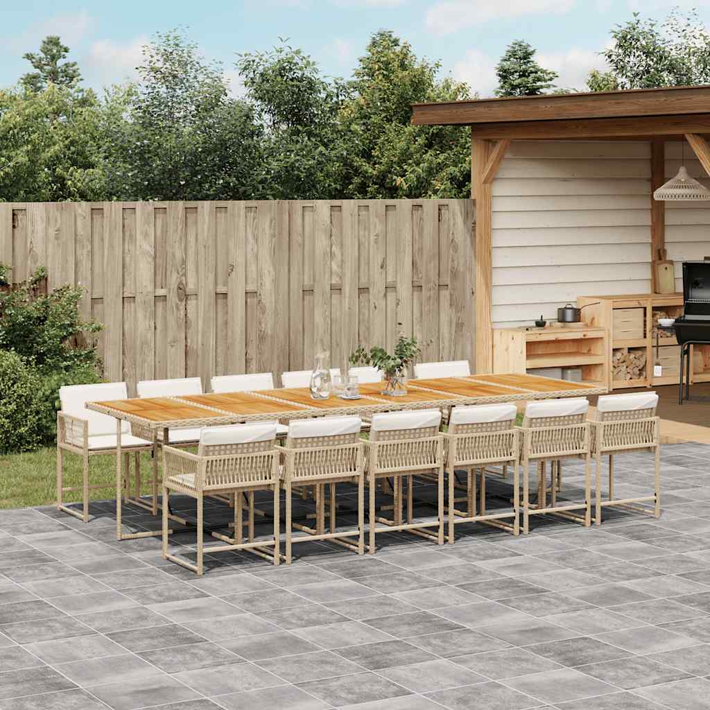Set da Pranzo da Giardino 13 pz con Cuscini Beige in Polyrattan