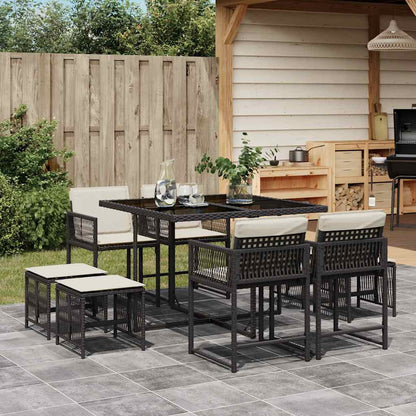 Set da Pranzo da Giardino 9 pz con Cuscini Nero in Polyrattan | homemem39