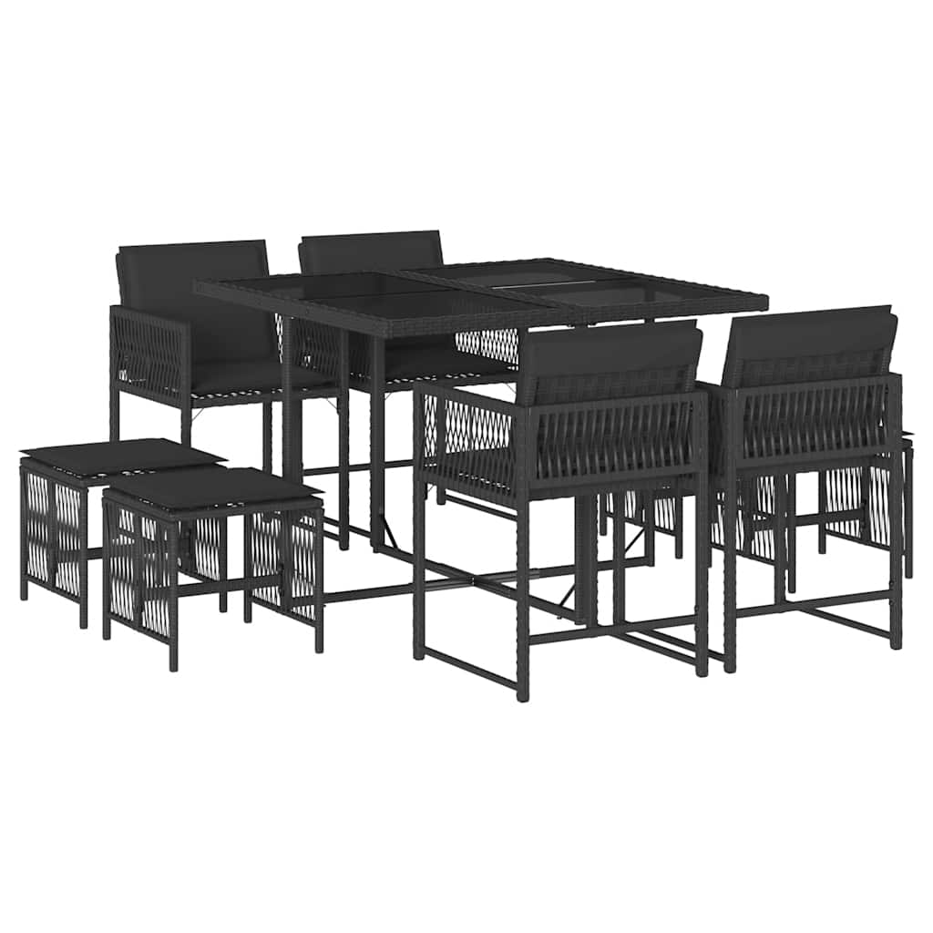 Set da Pranzo da Giardino 9 pz con Cuscini Nero in Polyrattan | homemem39