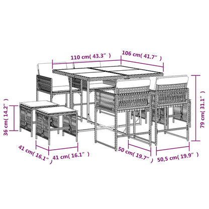 Set da Pranzo da Giardino 9 pz con Cuscini Nero in Polyrattan | homemem39